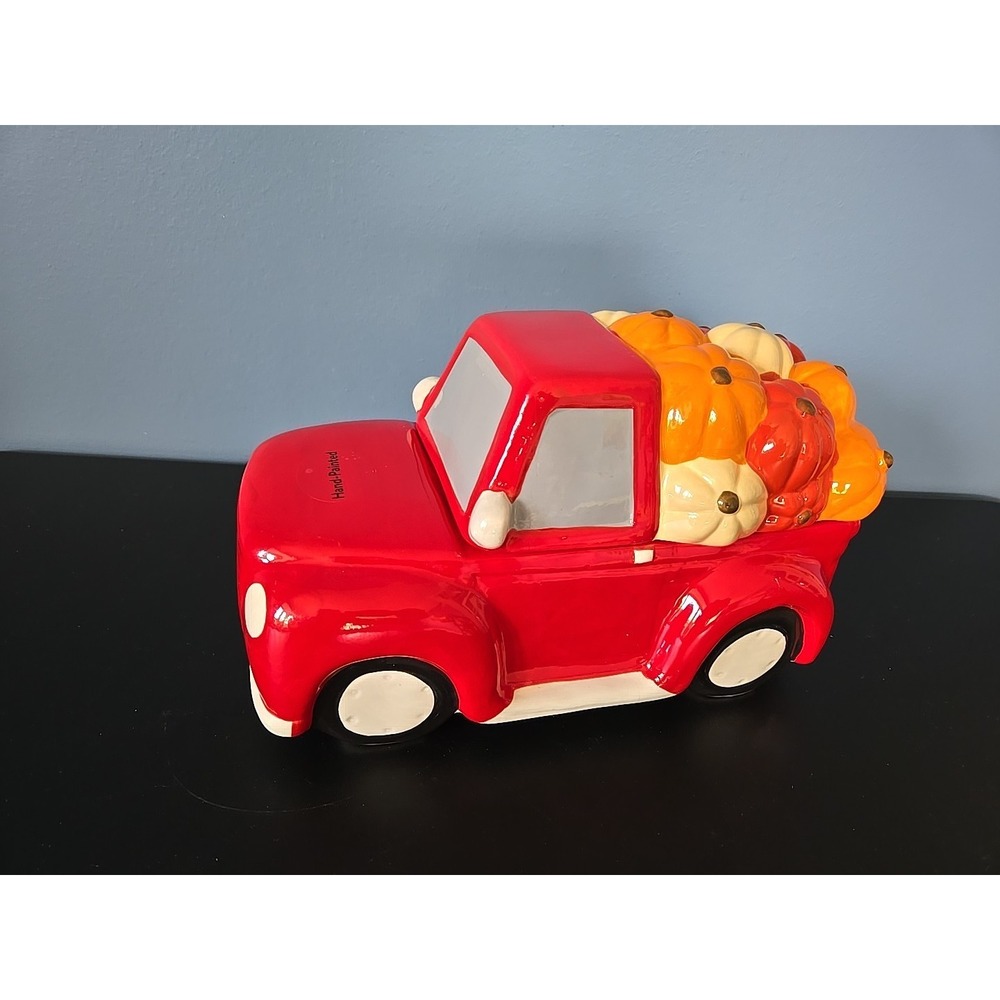 Earthenware Ceramic Autumn Fall Harvest Red Truck‎ Pumpkins Cookie Jar Canister